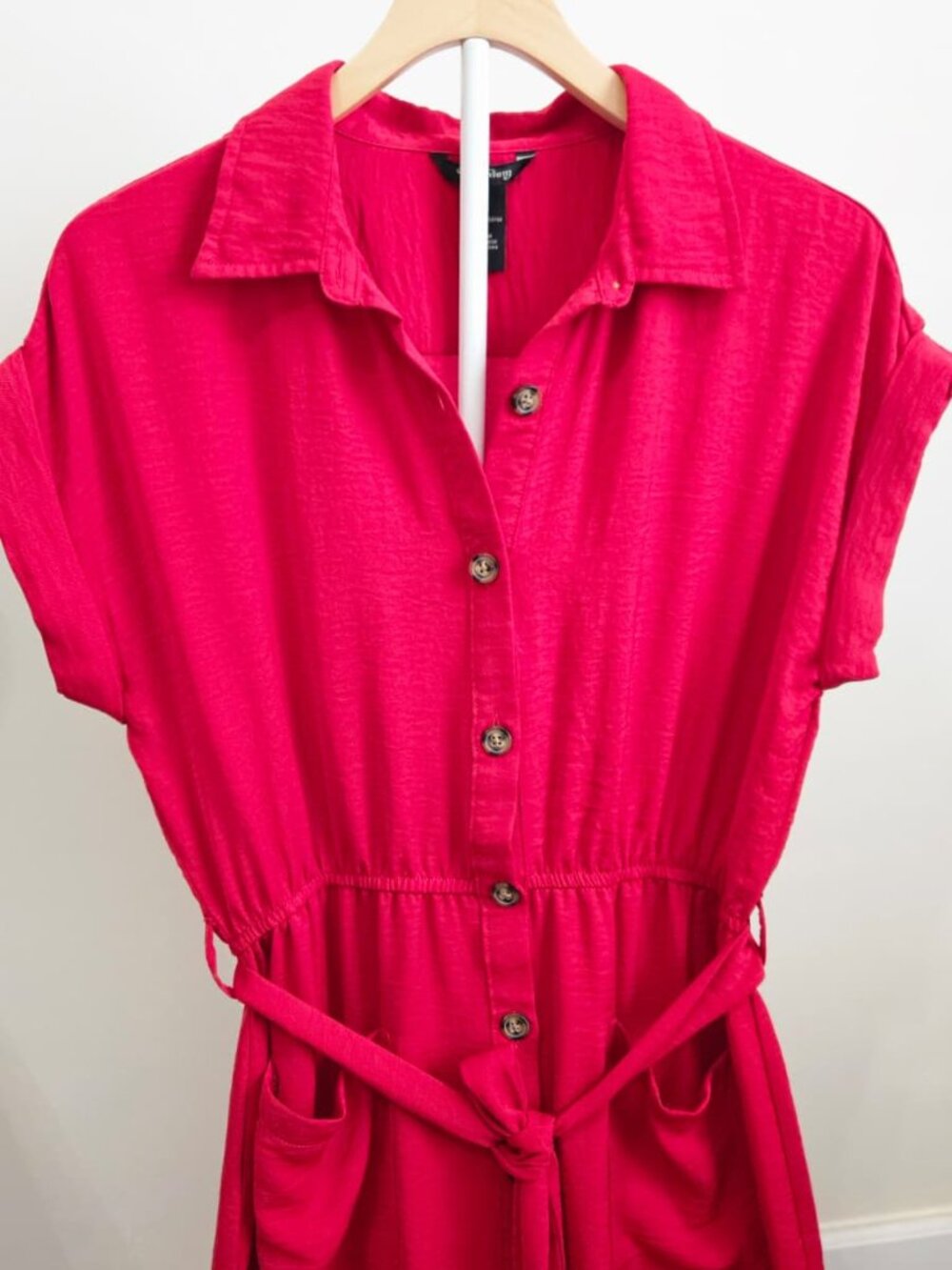 Millenium Hot Pink Button Front Belted Maxi Shirt Dress Pockets Size L